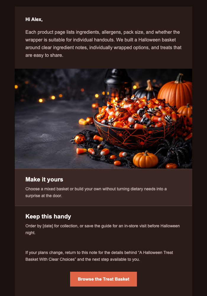 A Halloween Treat Basket With Clear Choices email design preview