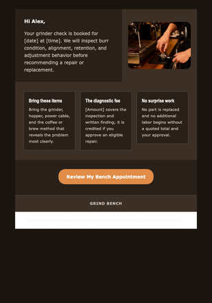 Your Grind Check Appointment email design preview