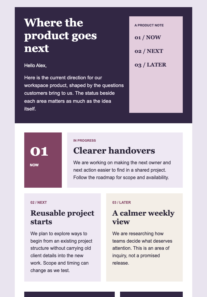 Product Roadmap and What Comes Next email design preview