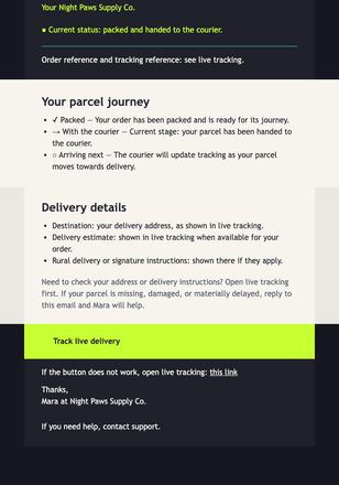Neon Pet Parcel Tracker email design preview
