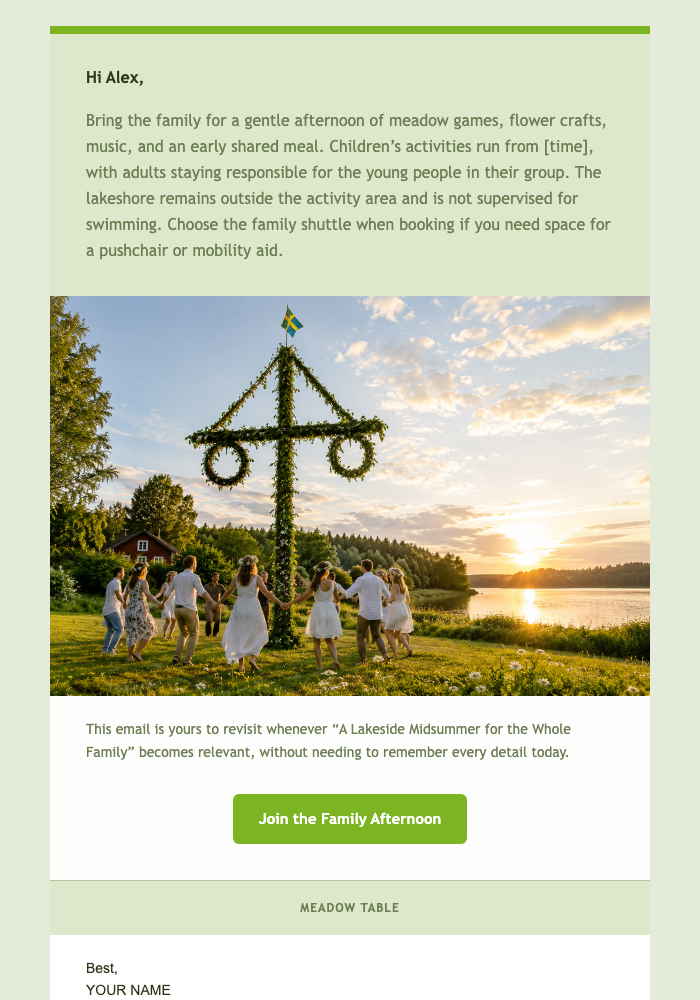 A Lakeside Midsummer for the Whole Family email design preview