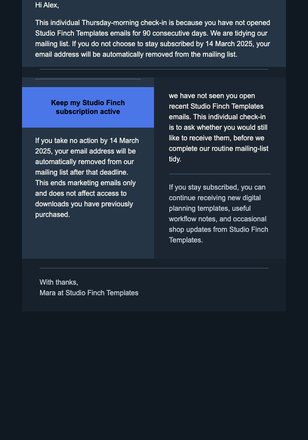 Keep Your Studio Finch Updates email design preview