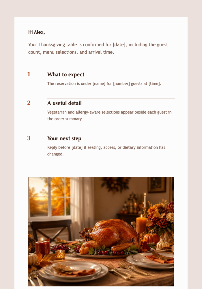 Your Thanksgiving Dinner Is Confirmed email design preview