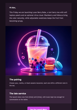Neon Boba Night Launch email design preview