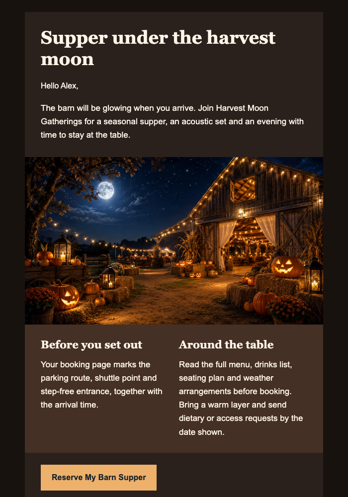 A Moonlit Barn Supper email design preview