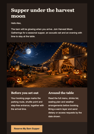 A Moonlit Barn Supper email design preview