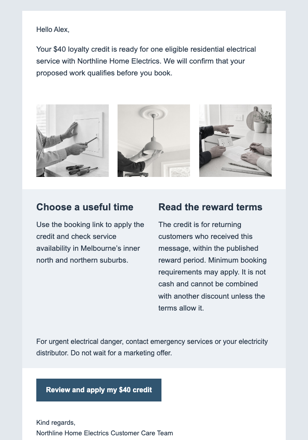 Returning Customer Service Credit email design preview