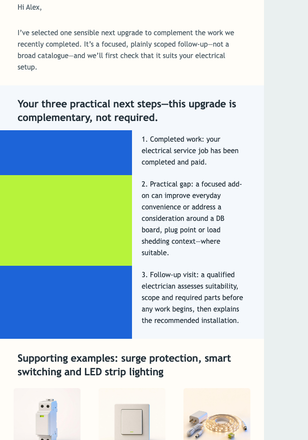 Post-Service Upgrade Path email design preview
