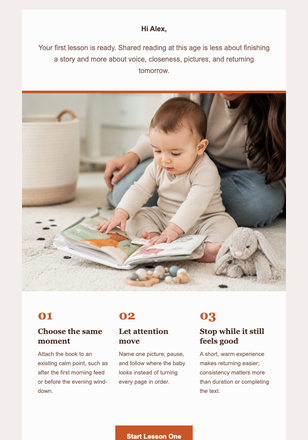 Your First Book Routine email design preview