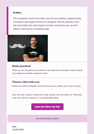 Movember Ends, the Check-Ins Continue email design preview