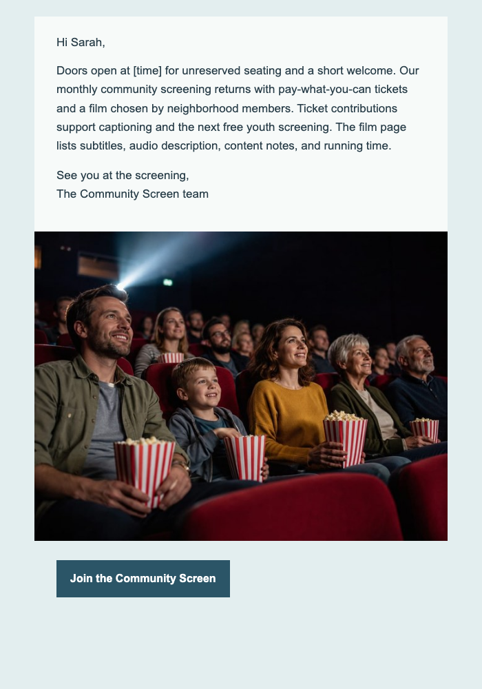 The Community Screen Returns email design preview