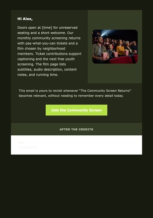 The Community Screen Returns email design preview