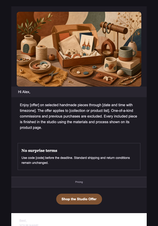 A Studio Offer, Made Thoughtfully — Handmade & Jewelry Sellers email design preview