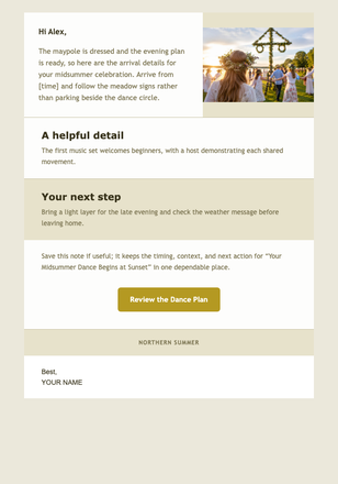 Your Midsummer Dance Begins at Sunset email design preview