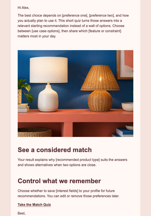 Quiz-Guided Product Match email design preview