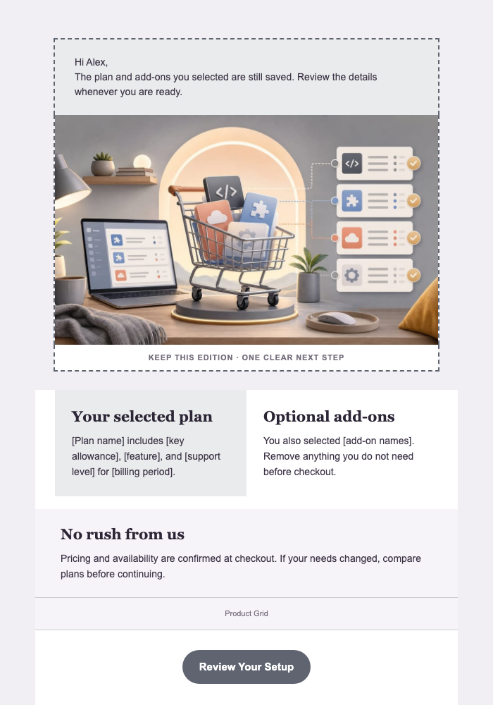 Your Setup Is Still Saved — Software & Technology email design preview