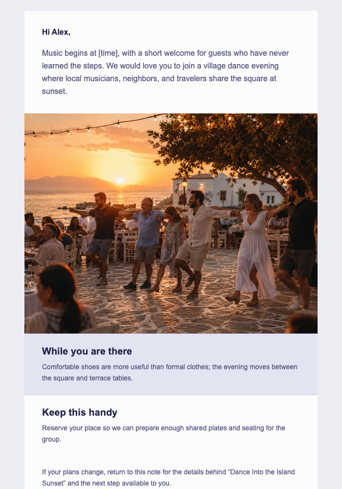 Dance Into the Island Sunset email design preview