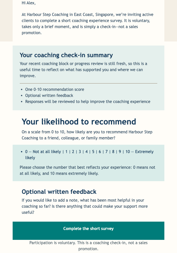 Calm Coaching NPS Check-In email design preview