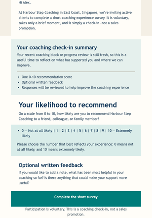 Calm Coaching NPS Check-In email design preview
