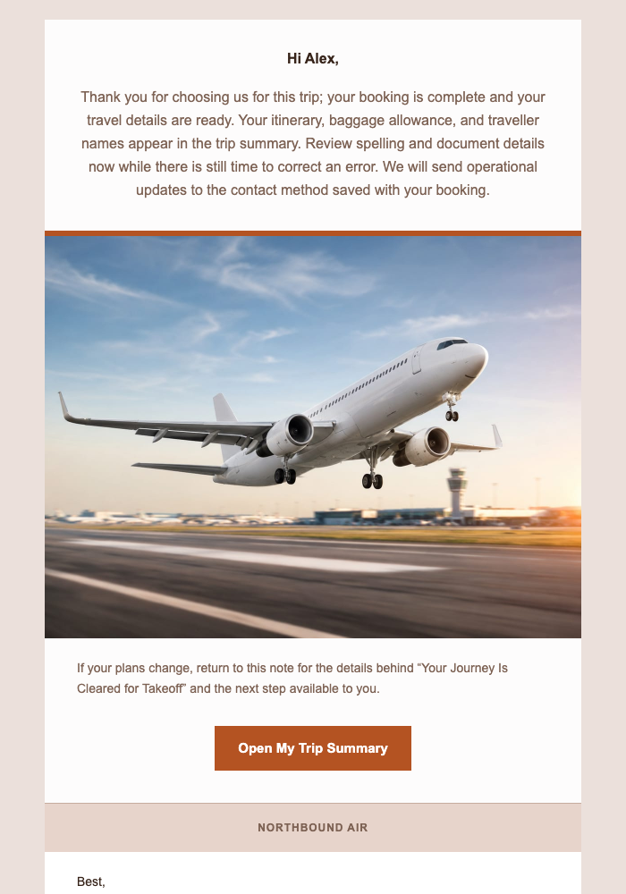 Your Journey Is Cleared for Takeoff email design preview