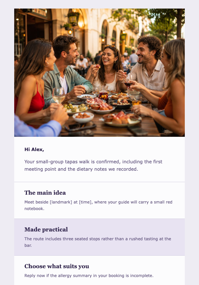 Your Tapas Walk Is Confirmed email design preview