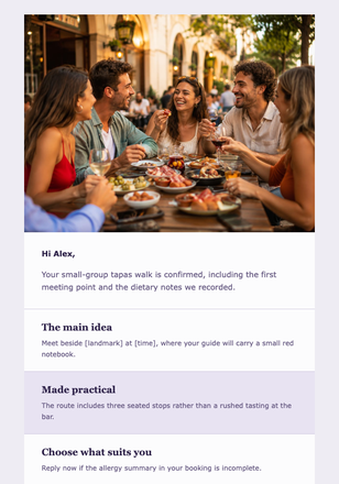 Your Tapas Walk Is Confirmed email design preview