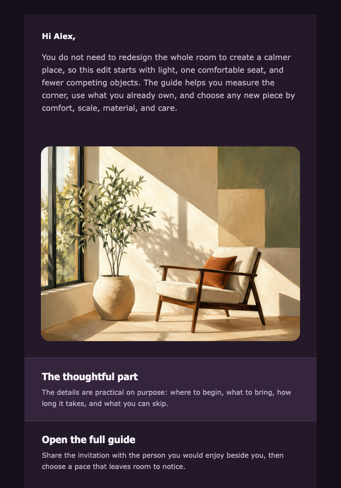 Make One Corner Feel Calmer email design preview