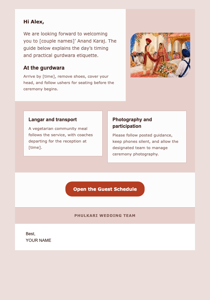 Your Anand Karaj Guest Schedule email design preview