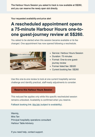 Session Price & Availability Alert email design preview