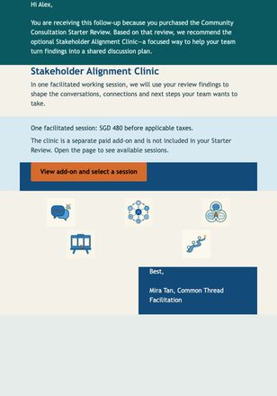 Stakeholder Clinic Add-On email design preview