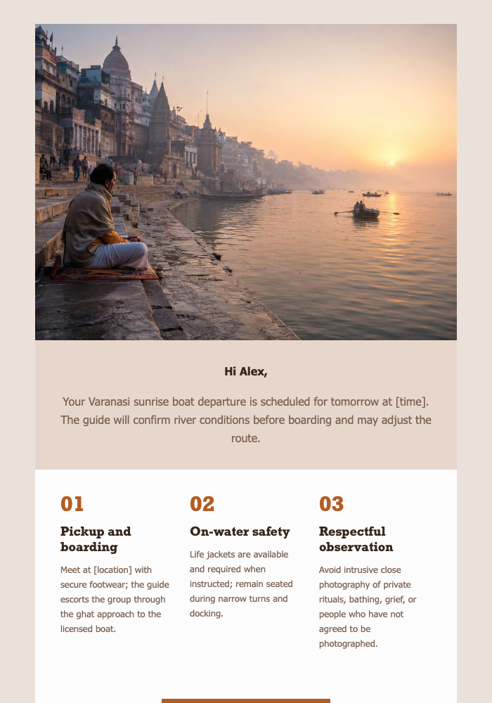 Varanasi Sunrise Boat Brief email design preview