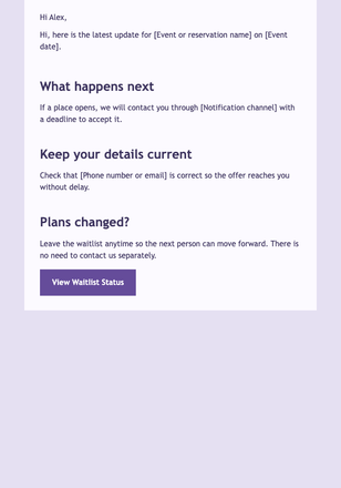 Waitlist Position Update email design preview