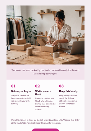 Packing Your Order at the Studio Table email design preview