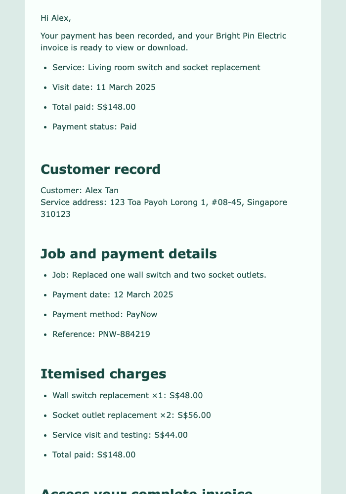 Paid Electrical Service Invoice email design preview