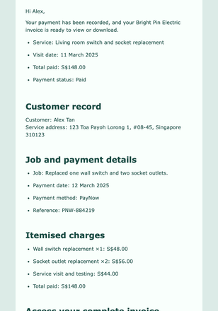 Paid Electrical Service Invoice email design preview
