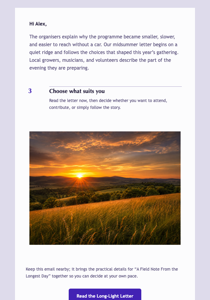 A Field Note From the Longest Day email design preview
