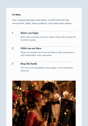 Your Masquerade Gala Reservation email design preview
