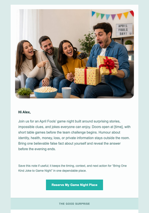 Bring One Kind Joke to Game Night email design preview