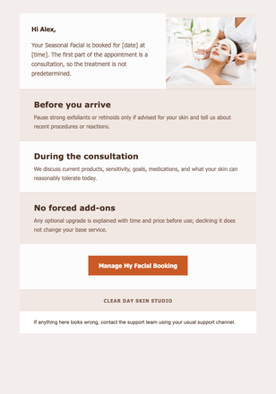 Your Seasonal Facial Is Booked email design preview
