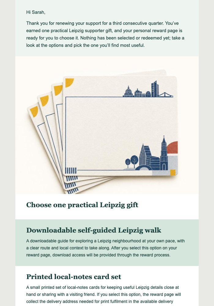Quarterly Supporter Reward email design preview