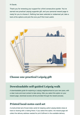 Quarterly Supporter Reward email design preview