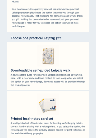 Quarterly Supporter Reward email design preview