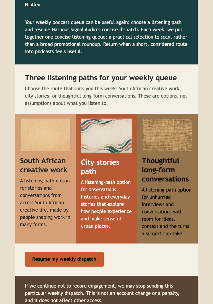 Podcast Dispatch Win-Back email design preview
