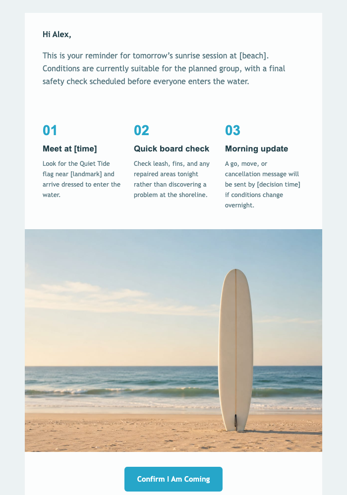 Sunrise Session Reminder email design preview