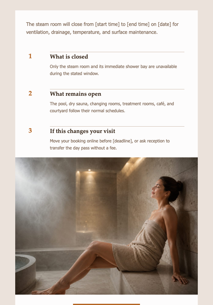 Steam Room Maintenance Window email design preview