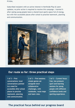 Community Sport Founder Update email design preview