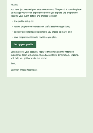 Attendee Portal Welcome email design preview