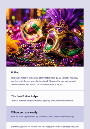 Choose Your First Masquerade Mask email design preview
