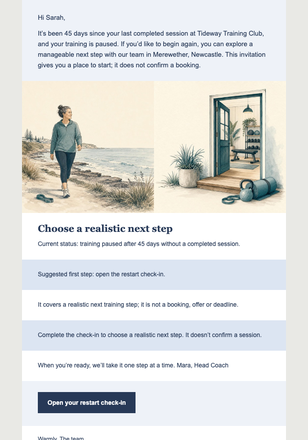 Coastal Training Restart Check-in email design preview