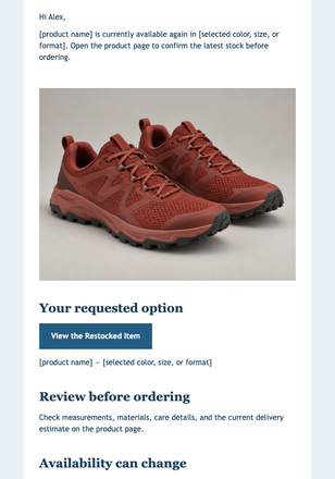 Restock Alert email design preview